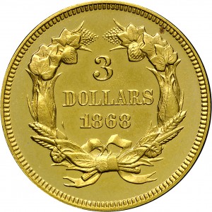 HBCC #4021 – 1868 Indian Three-dollar Gold – Reverse
